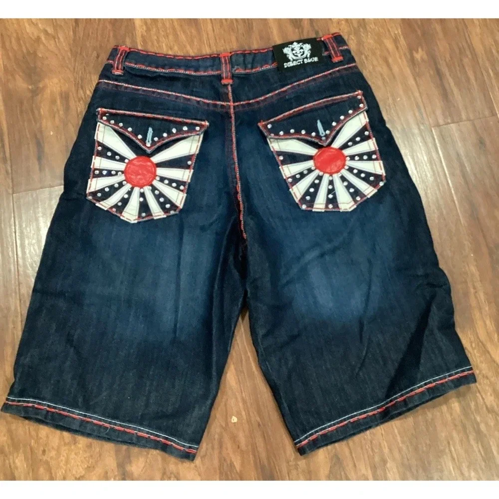 Direct Blue Denim Jean  Shorts 36 Y2K Baggy Embroidered Pockets With Rhinestones